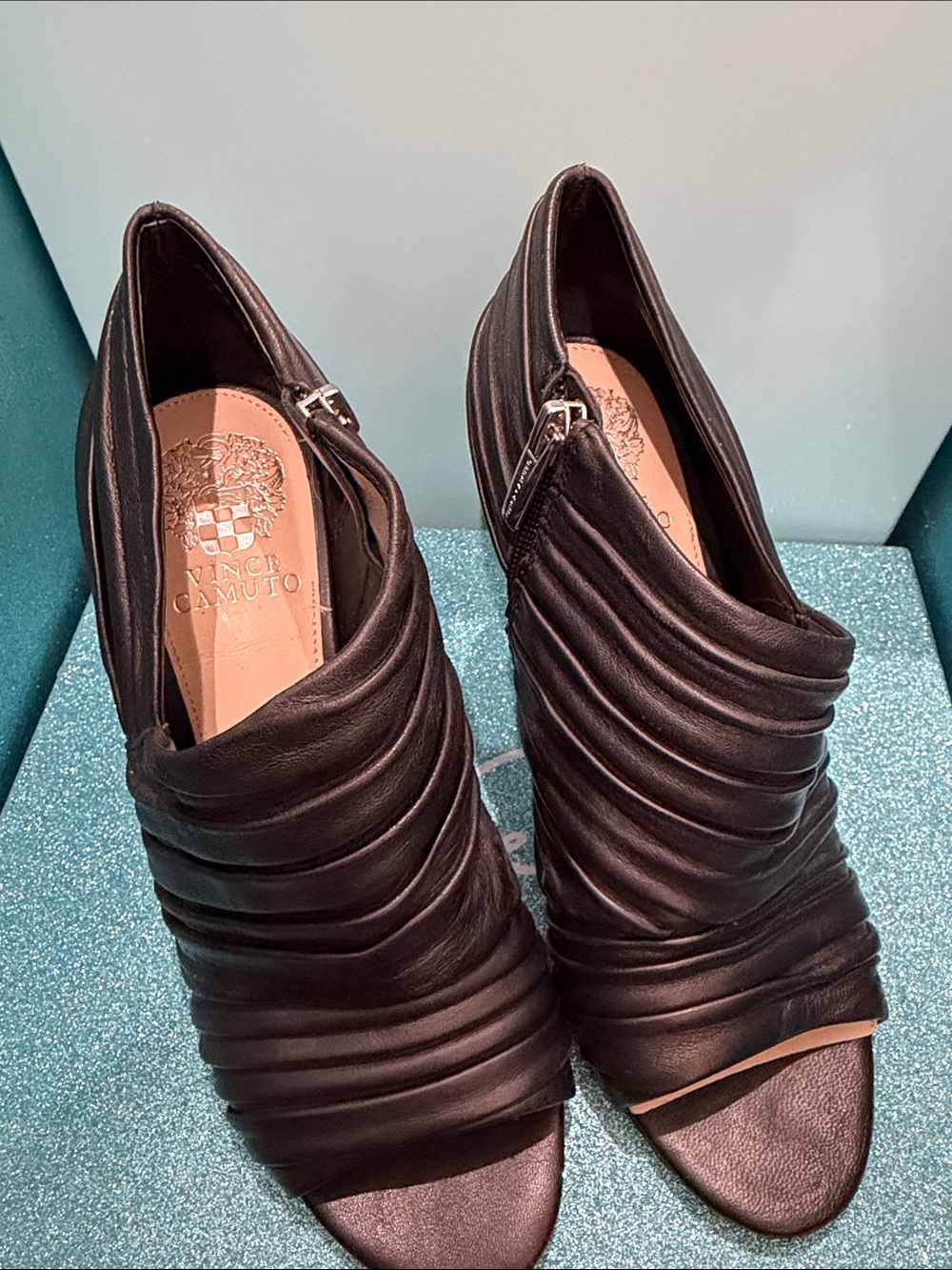 Vince Camuto Black Ruched Leather Peep-Toe Mules